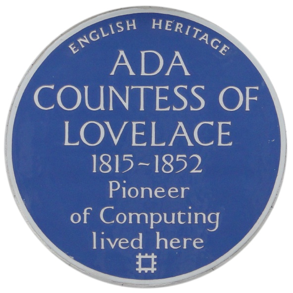 伦敦圣詹姆士广场的蓝牌 — 「英格兰的遗产、计算的先驱、Lovelace 伯爵夫人 Ada，1815 - 1852」
